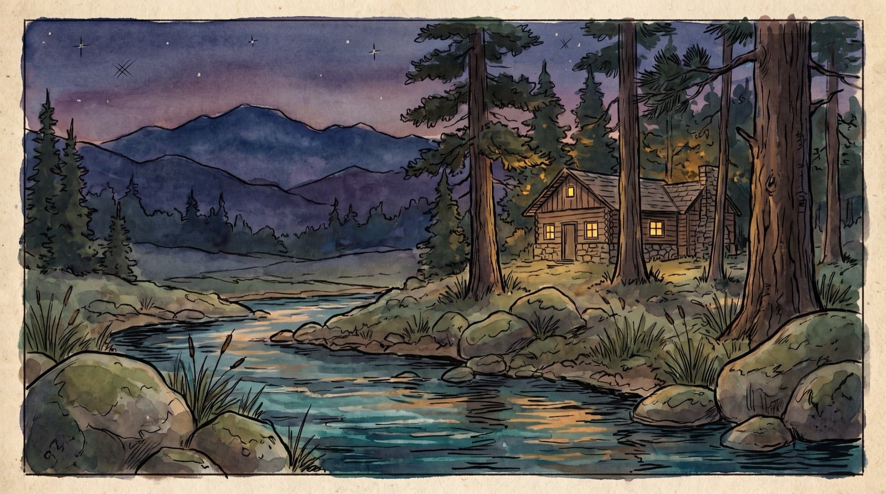 A watercolor of Fountain Creek at dusk running past the inn, its windows lit through the pines, Pikes Peak on the far horizon