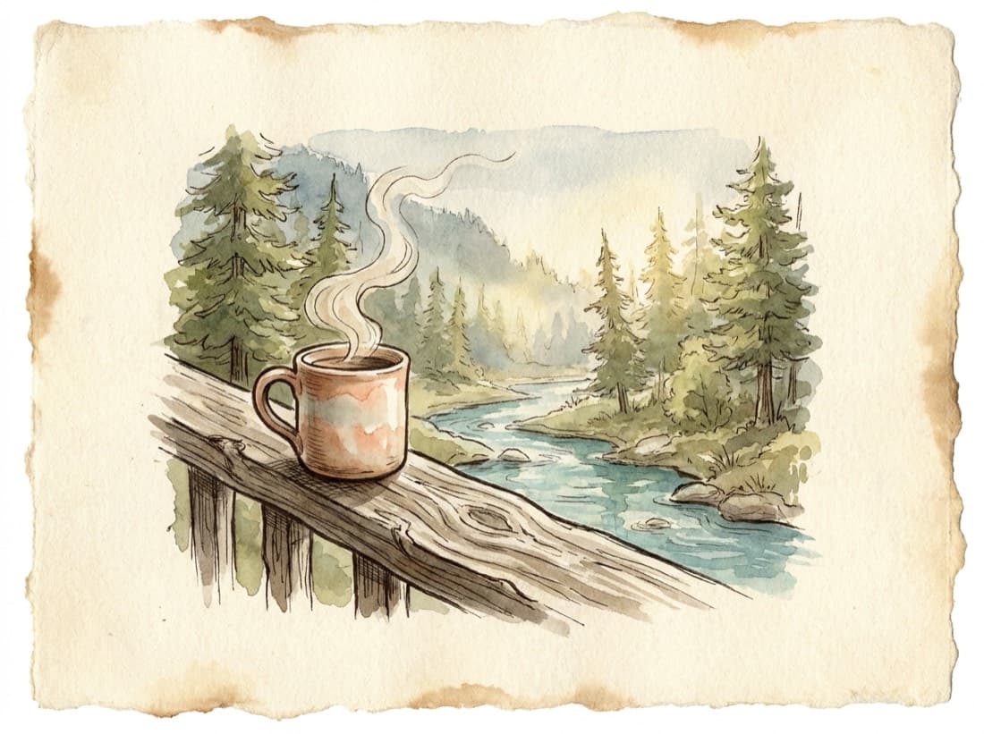 A steaming coffee mug on a deck railing beside a mountain creek at dawn