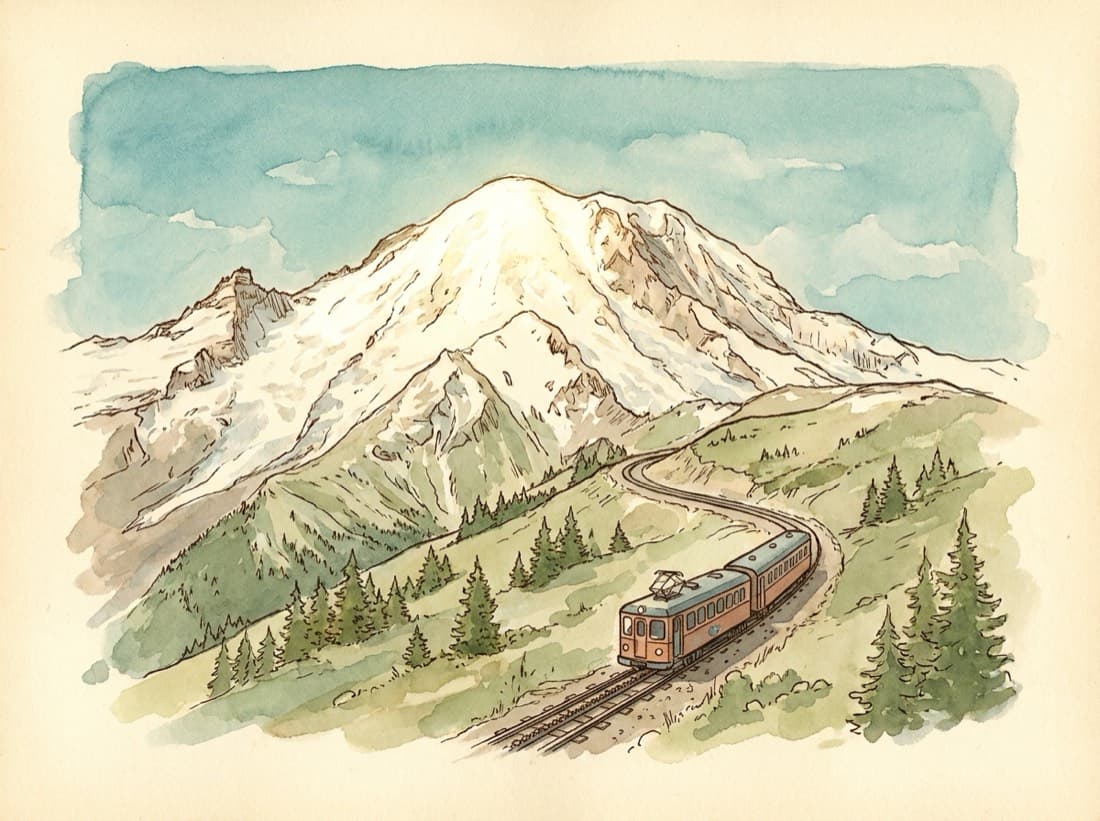 Snow-capped Pikes Peak with the cog railway winding toward the summit