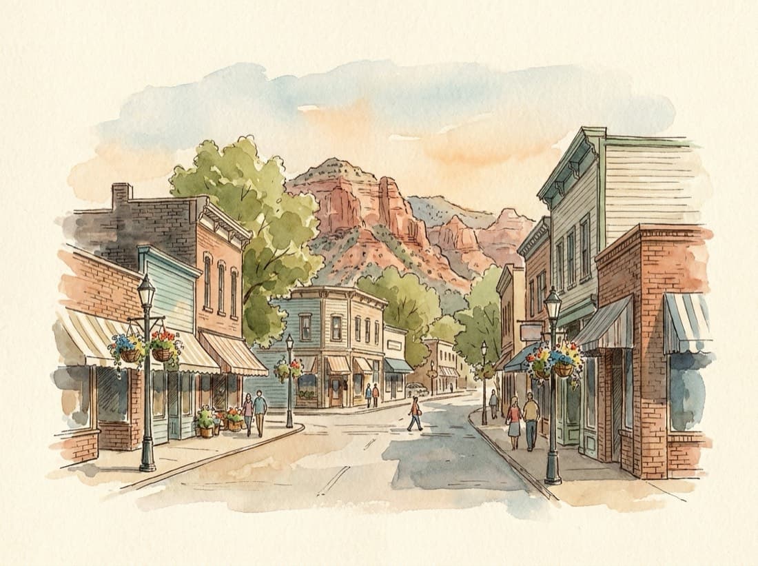 A historic downtown street of storefronts beneath red-rock bluffs