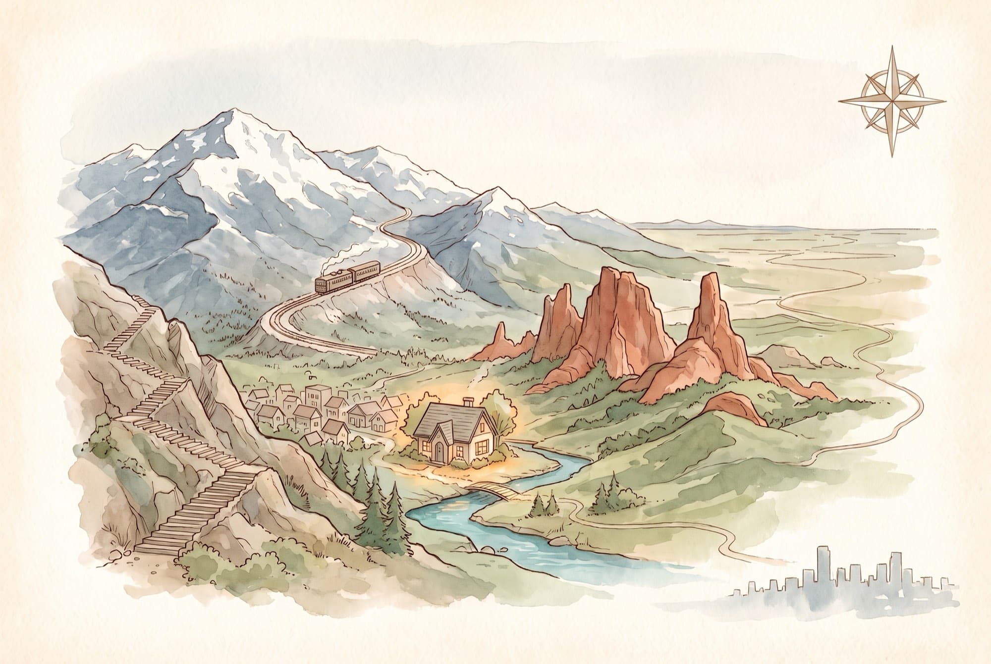 An illustrated watercolor map of Manitou Springs: the Fountain Creek Inn at the heart of the canyon, the Manitou Incline, the Pikes Peak Cog Railway and Pikes Peak (Tava) to the west, the red rocks of Garden of the Gods, and downtown Colorado Springs on the plains about 15 minutes east down Highway 24